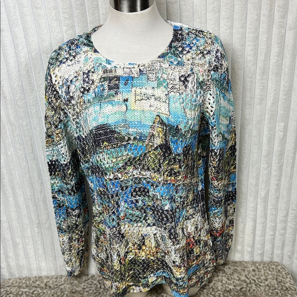 FDJ open crochet coastal ocean city print long sleeve sweater sz M art to wear
